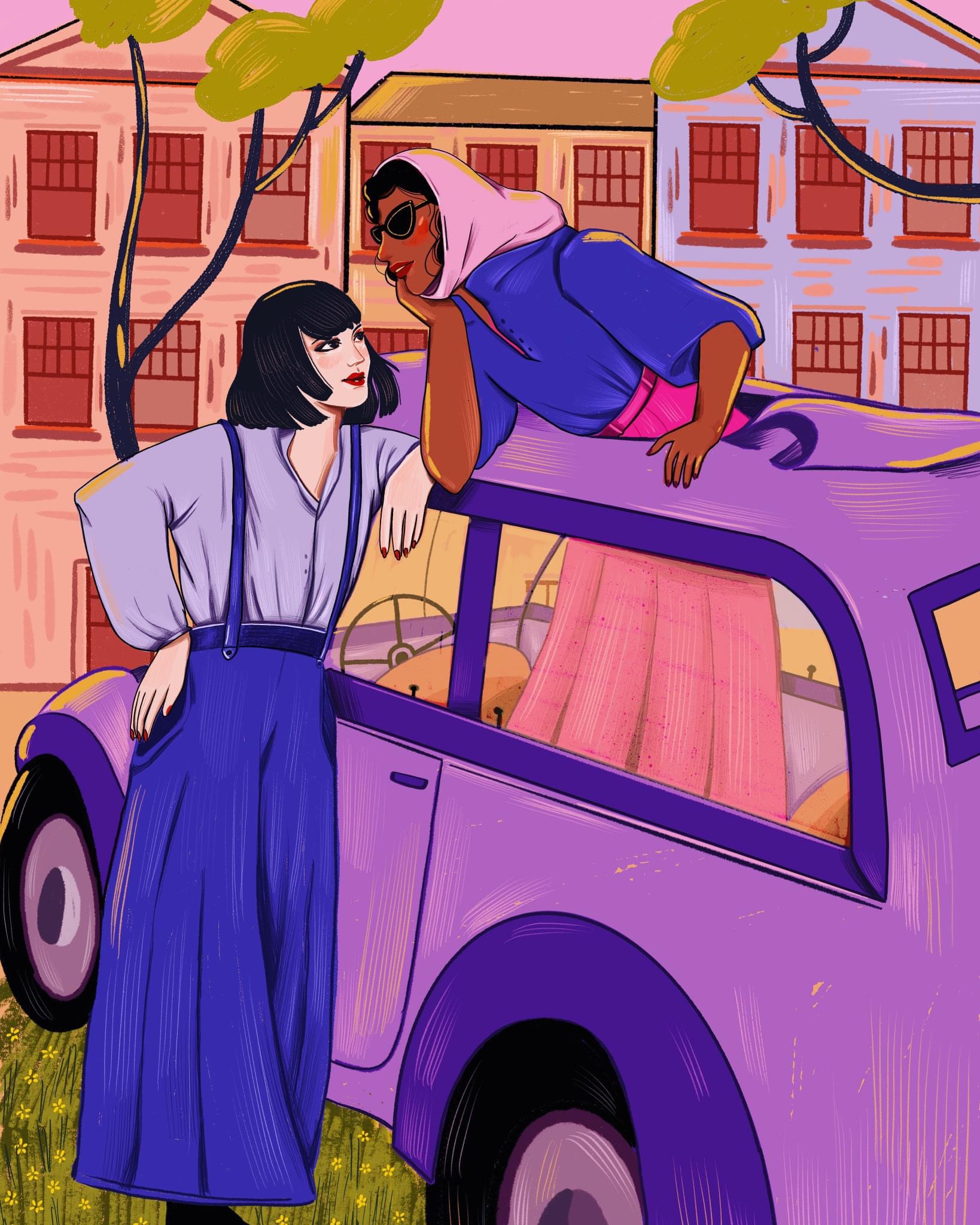 yanna zosmer ilustratie doua femei care stau de vorba in masina