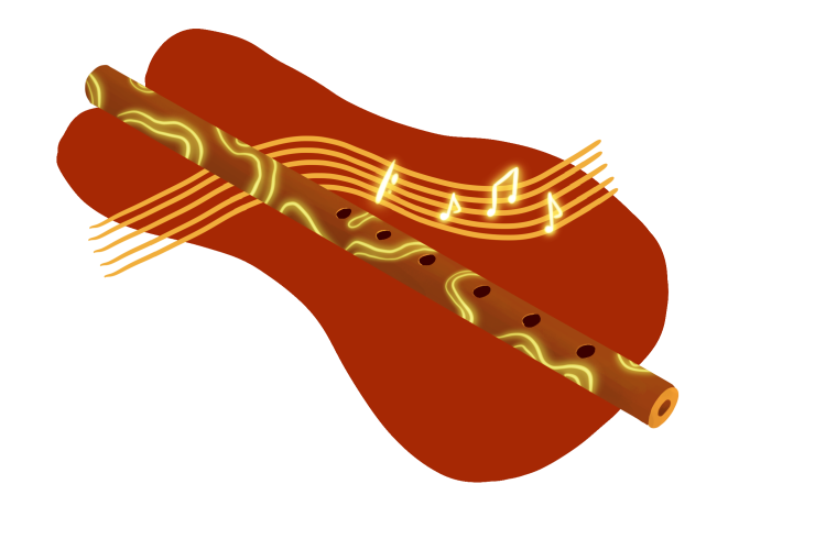 flaut contur auriu și note muzicale pe fundal maroniu roșcat