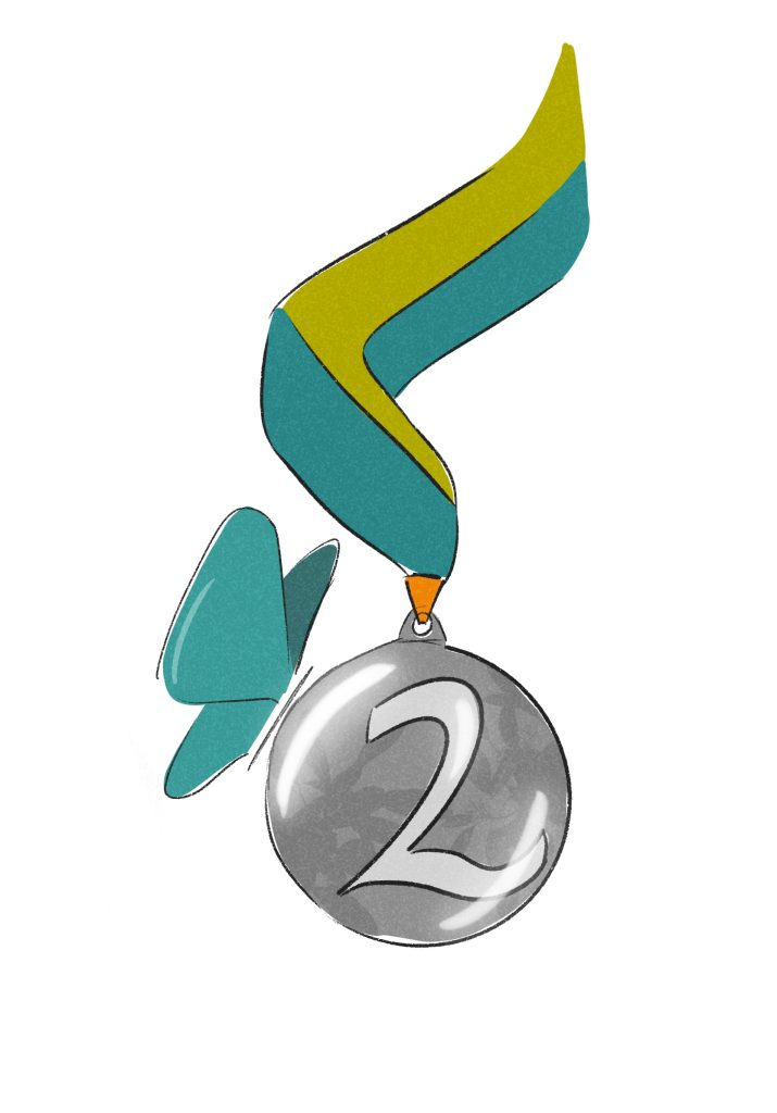 medalie de argint prinsa cu o panglica bicolora