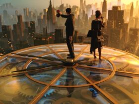 Imagine cu două persoane pe cupola unei clădiri, din filmul „Megalopolis”.